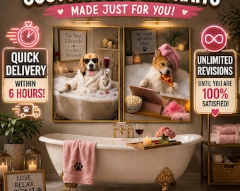Custom Funny Pet Portrait Bathroom Decor | Personalized Dog & Cat Spa Wall Art | Custom Pet Portrait from Photo | Pet Lover Gift
