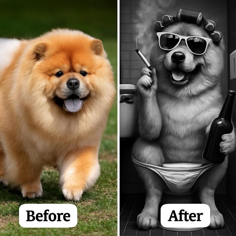 May include: A before-and-after image of a Chow Chow dog. The "before" image shows a fluffy, orange dog on grass. The "after" image is a black and white illustration of the dog wearing sunglasses, hair rollers, and holding a bottle and a cigarette.