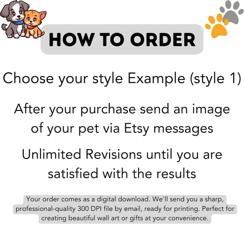May include: Image with text: "HOW TO ORDER." Instructions include choosing a style, sending a pet image via Etsy messages, and unlimited revisions. The order is a digital download, emailed as a 300 DPI file.