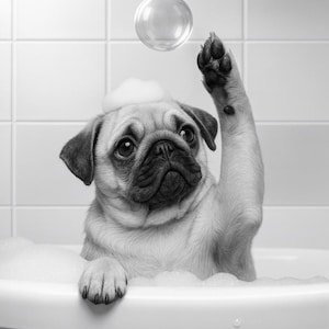 May include: A black and white image of a pug in a bathtub, reaching for a floating bubble. The dog is covered in bubbles and has a small amount of foam on its head. The background is a tiled wall.