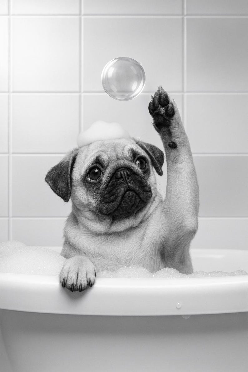 May include: A black and white image of a pug in a bathtub, reaching for a floating bubble. The dog is covered in bubbles and has a small amount of foam on its head. The background is a tiled wall.
