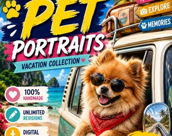 Custom Pet Portrait from Photo | Funny Vacation Pet Portrait | Personalized Dog Portrait | Pet Memorial Gift | Custom Cat Portrait