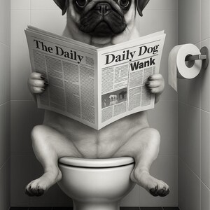 May include: A black and white image of a pug sitting on a toilet, reading a newspaper titled "The Daily" and "Daily Dog Wank". A roll of toilet paper is mounted on the wall.