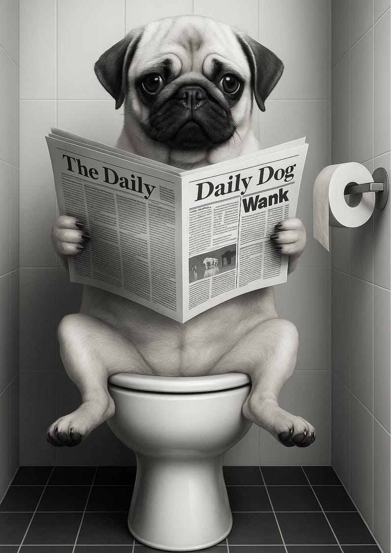 May include: A black and white image of a pug sitting on a toilet, reading a newspaper titled "The Daily" and "Daily Dog Wank". A roll of toilet paper is mounted on the wall.