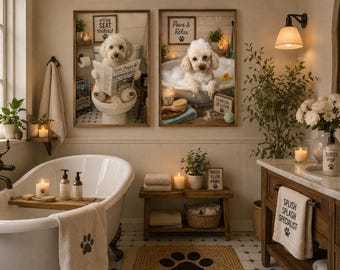 Custom Dog Bathroom Wall Art, Funny Dog Bathroom Decor, Dog Reading Newspaper Print, Bubble Bath Dog Portrait