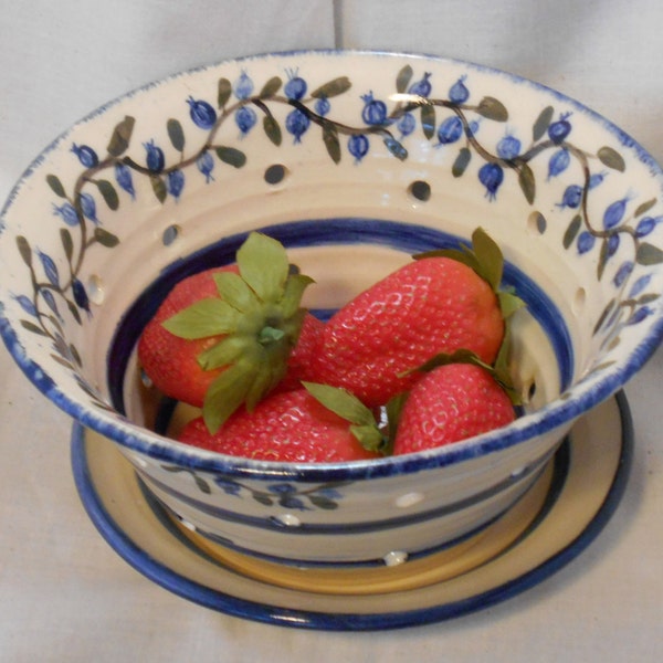 Hand made Ceramic bowl, Stoneware Berry Bowl, Handmade pottery colander, Rustic Fruit Bowl,painted in Blueberry design-1505