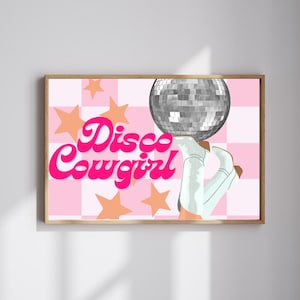 Disco Cowgirl Poster - Retro Pink Western Wall Art with Disco Ball and Boots - Fun 70s Y2K Aesthetic Decor
