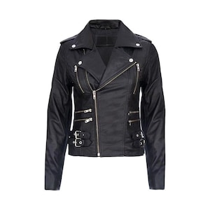 Veste motard rétro femme noire en cuir véritable 100 % nappa, manteau doux à fermetures multiples