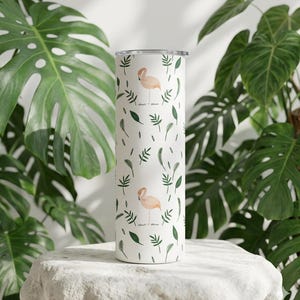 20oz Insulated Stainless Steel Tumbler, Flamingo Botanical Travel Mug, Green Leaf Pattern Coffee Cup