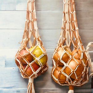 Custom Macrame Hanging Fruit Basket – Boho Produce Holder, Kitchen Storage Net, wall mount with the attached wooden ring