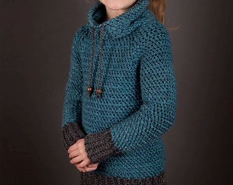 Crochet Sweater pattern, Children, top down, cowl neck, easy crochet, cozy, pdf pattern, modern, jumper, seamless, winter, fall, girls