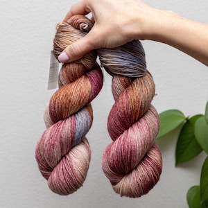 Hand Dyed Sock Yarn &quot;Deidra&quot; | Fingering Yarn for knitting and crocheting | Blue, Brown and Pink Variegated Merino and Nylon Sock Yarn