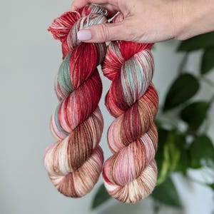 Hand Dyed Merino Yarn | &quot;Christmas Cookie&quot; Colorway | Red, Pink, Green, Brown | Choose your Base