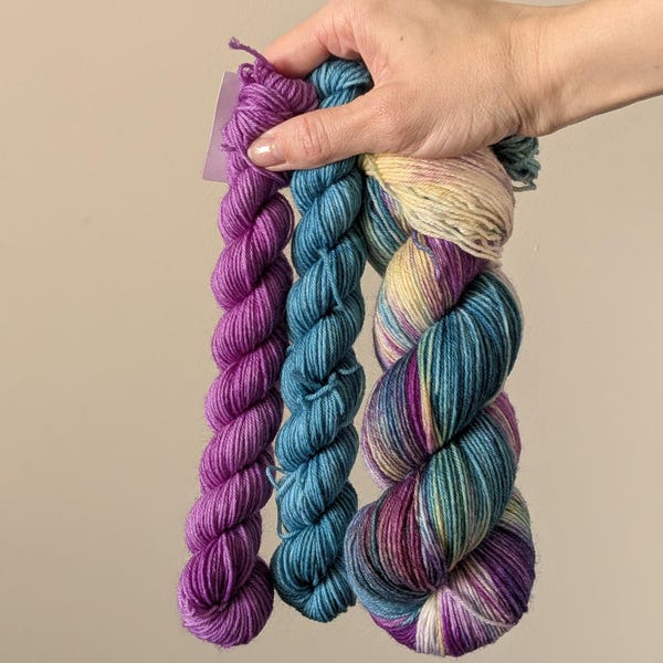 Hand Dyed Merino Wool Sock Yarn Set: Purple, Yellow & Blue - "Nina" Colorway