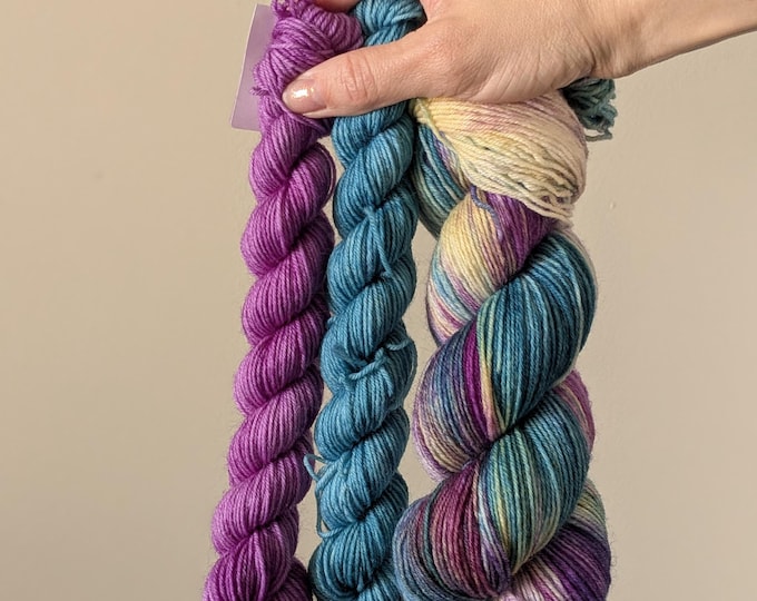 Hand Dyed Merino Wool Sock Yarn Set: Purple, Yellow & Blue - "Nina" Colorway