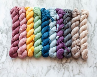 Hand Dyed Merino Sock Yarn Mini Skein Set: Rainbow Wool (10 x 20g)