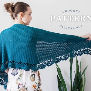 May include: A teal crochet shawl with a scalloped edge is displayed. The shawl is draped over a person's shoulders, showcasing the intricate openwork design. The text "CROCHET PATTERN DIGITAL PDF" is visible in the upper right corner.