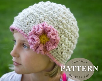 Crochet Pattern Baby Hat | Girls Hats | Toddler Hat | Crochet flower Hat Pattern | Newborn To Adult Size | Spring Hat