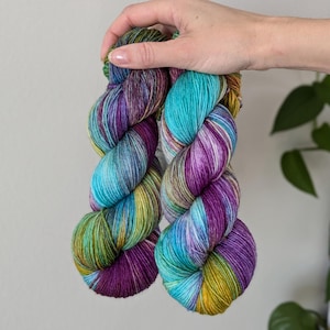 Hand Dyed Yarn - Gabby | Available on Sock, Sport, DK, Worsted and Bulky | Purple, Green, Blue and Yellow Variegated Merino Yarn