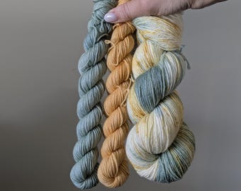 Hand Dyed Merino Wool Sock Yarn Set: Sage Green & Yellow - "Seaside" Colorway