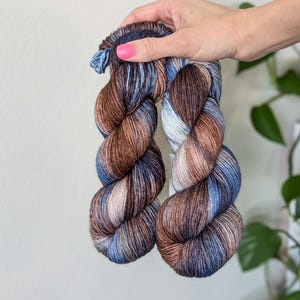 Hand Dyed Yarn - Winnie | Variegated yarn available on Sock, Sport, DK, Worsted and Bulky | Blue and Brown Merino Indie Dyed Yarn