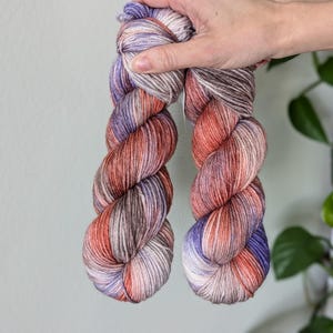 Hand Dyed Yarn - &quot;Hilda&quot; | Variegated Yarn | Sock, Sport, DK, Worsted and Bulky Weight Yarn | Peach, Purple, Gray Merino Yarn