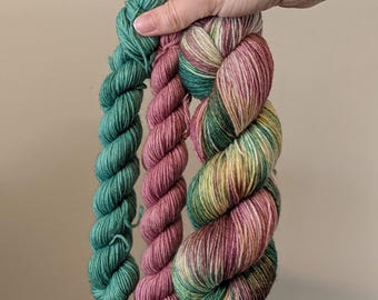 Hand Dyed Merino Wool Sock Yarn Set: Green, Pink & Yellow - "Donna" Colorway