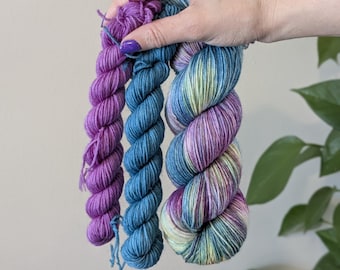 Hand Dyed Merino Wool Sock Yarn Set: Purple, Yellow & Blue - "Nina" Colorway