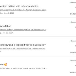 May include: Five-star reviews for crochet patterns.  The reviews include the name of the purchased item, the reviewer's name, and the date of the review.  The reviews highlight the ease of following the patterns and the quality of the patterns.