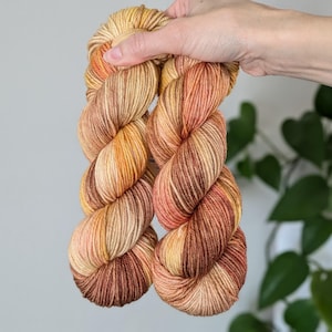 May include: Two skeins of hand-dyed yarn in shades of orange, brown, and cream. The yarn is twisted together and held in a hand.