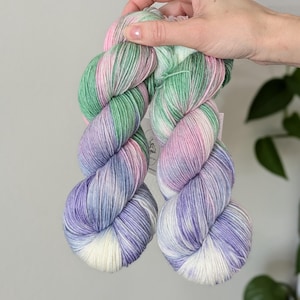 Hand Dyed Yarn - Mae | Variegated Yarn | Sock, Sport, DK, Worsted and Bulky Merino Yarn | Purple, Green, Pink and Blue Knit and Crochet Yarn