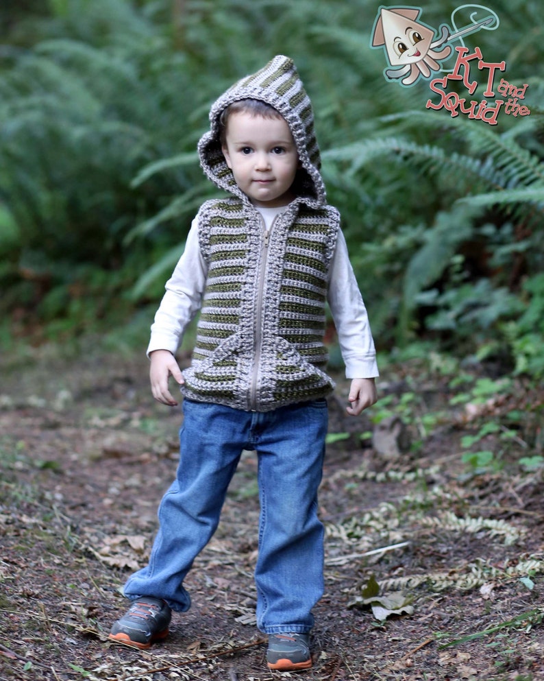 Crochet vest pattern, crochet hoodie, boys vest, girls vest, hooded vest for children, crochet, easy pattern, zipper or button image 2