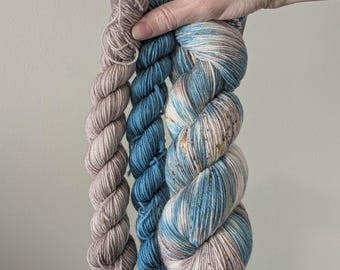 Hand Dyed Merino Wool Sock Yarn Set: Blue, Gray with Speckles - "Zita" Colorway