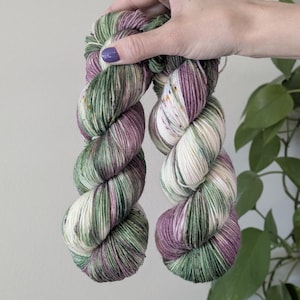 Hand Dyed Merino Wool Yarn: Purple, green speckles - "Ruth" Colorway, Choose your Weight