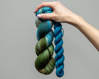 Hand Dyed Sock Yarn Set: Merino Wool - "Gayle" Colorway - Blue and Green
