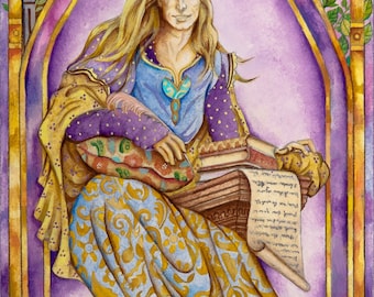 May include: A watercolor painting of a person with long blonde hair wearing a purple and gold robe, sitting on a throne with a book and a rabbit. The background is a purple archway with gold trim.