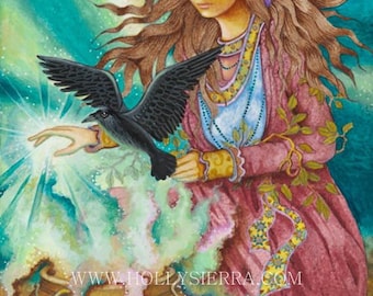 May include: A woman with long brown hair wearing a purple headscarf and a pink dress stands with a black raven in her hand. She is holding a glowing orb in her other hand. A cauldron with flames underneath sits in front of her. The text "www.hollysierra.com" is visible in the bottom center of the image.