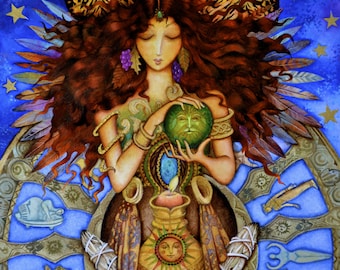 May include: A watercolor painting of a woman with long brown hair wearing a crown of stars. She is holding a green apple with a face on it. The painting is surrounded by a blue and gold mandala with stars and other symbols.
