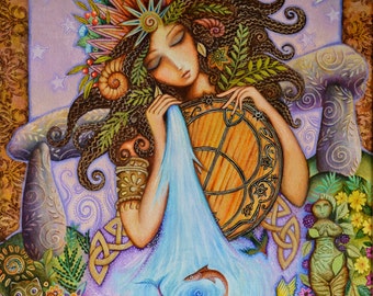 May include: A painting depicting a woman with long brown hair, adorned with a crown of leaves and flowers. She holds a wooden circle featuring a design. The background is a purple sky with stars and a crescent moon. The painting also includes flowers and birds.