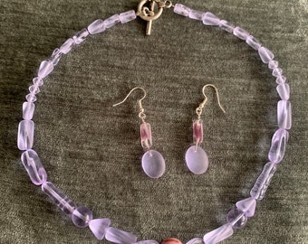 Necklace & Earring Set - Lavender and Rose Glass Beads