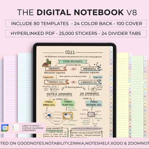 May include: A digital notebook displayed on a tablet, showcasing a biology diagram about cells. The image includes the text "THE DIGITAL NOTEBOOK V8" and details about templates, color options, covers, stickers, and divider tabs. Lined paper and divider tabs are visible.
