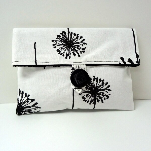 READY TO SHIP Dandelion Clutch Makeup Bag Black and White Bridesmaid Clutch