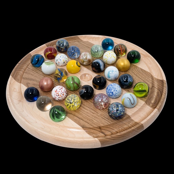 Wooden Marble Solitaire Board Game,Jumping Marbles Peg Solitaire,with  Storage Box Function and Marbles，Solitaire Chess for Adults and  Children，Family