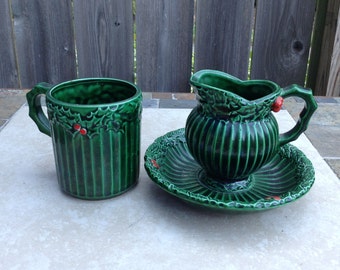 Vintage Christmas Holly Creamer Pitcher Set by INARCO - Festive Mid-Century Holiday Decor 1960s