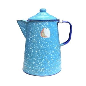 Vintage French Speckled Teapot, Blue Enamel Kettle 60s 70s