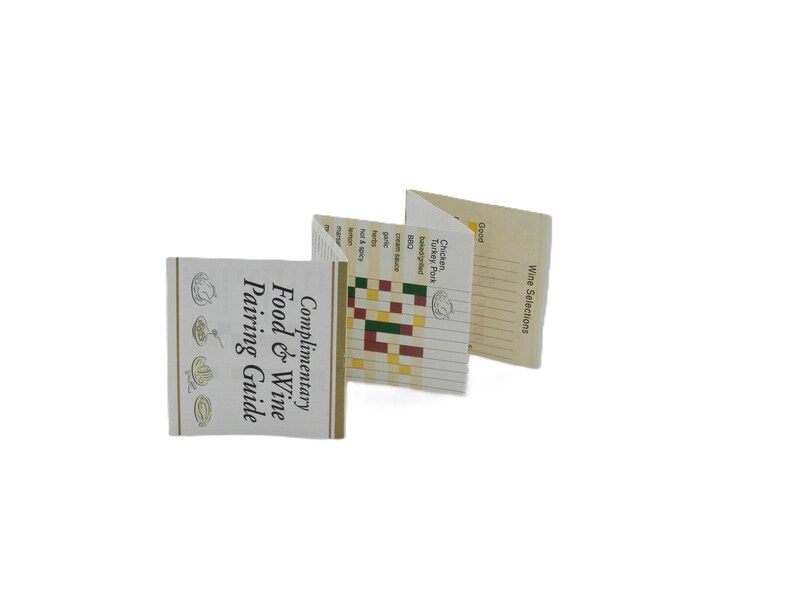May include: Three small, folded booklets with cream-colored covers and pages. The booklets display text including "Complimentary Food & Wine Pairing Guide" and "Wine Selections." One page shows a color-coded food and wine pairing chart.