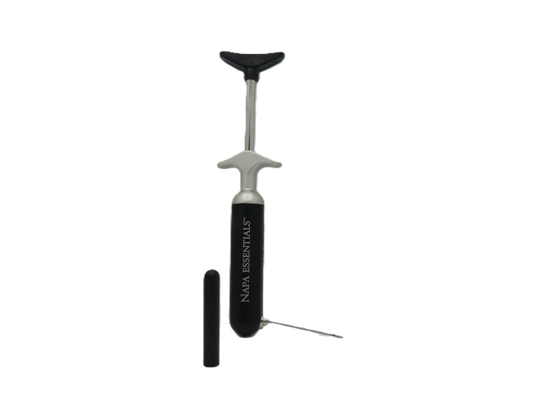 May include: A wine opener with a black handle and a silver metal body. The handle is cylindrical and has the text "NAPA ESSENTIALS" printed on it. A black corkscrew and a black bottle stopper are also included.