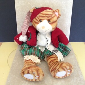 May include: A plush toy cat wearing a red and white plaid hat, a red jacket, a green and white plaid skirt, and a white scarf. The cat has orange and brown stripes and white paws.