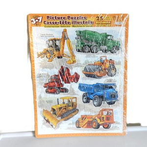 May include: A 25-piece picture puzzle featuring colorful illustrations of construction vehicles. The puzzle includes images of a tractor backhoe, cement truck, roller, dump truck, bulldozer, and scraper. The puzzle is designed for children ages 3-7.