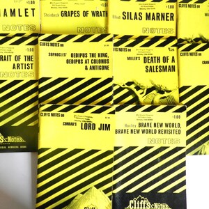 May include: A collection of vintage Cliffs Notes study guides. The books have yellow covers with black diagonal stripes and titles like "Hamlet," "Grapes of Wrath," and "Death of a Salesman." Each book is priced at $1.00 or $1.25.